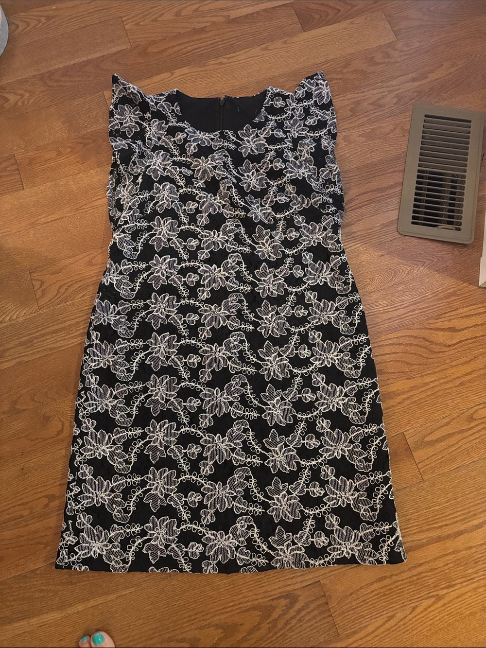 LOFT Black Midi Dress with White Floral Lace Overlay